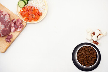 dog food includes dry pellets, treats and canned foods along with a natural diet of fresh meat, fish, rice and vegetables. choice between dry food and natural food