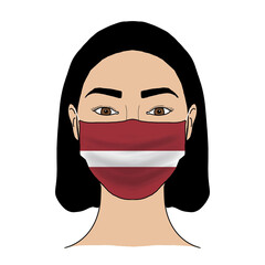 Coronavirus mask crisis. Latvia health system. Flag of Latvia coronavirus outbreak patterned mask wearing woman.