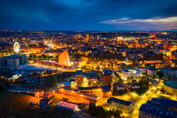 Obraz premium Aerial view of the Gdansk city at dusk, Poland