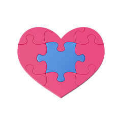 3d render, red heart puzzle with blue central piece, clip art isolated on white background