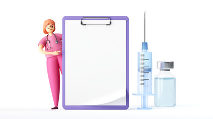 3d render. Woman doctor cartoon character looks out the big clipboard. Syringe and glass bottle clip art isolated on white background. Medical blank mockup. Vaccination research - obrazy, fototapety, plakaty