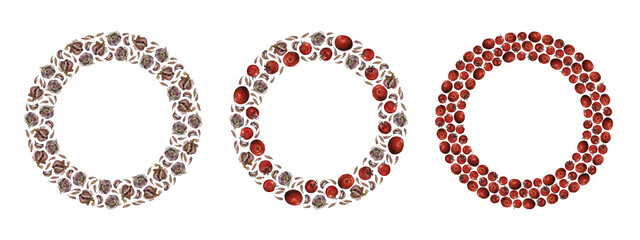 Three wreaths of red cherry tomatoes and garlic cloves and bulbs, isolated on white. Watercolour illustration. For cards, invitations, recipe, menu, cookbook and packaging design.