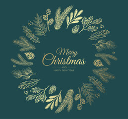 Hand drawn Christmas wreath. Vector holiday illustration.