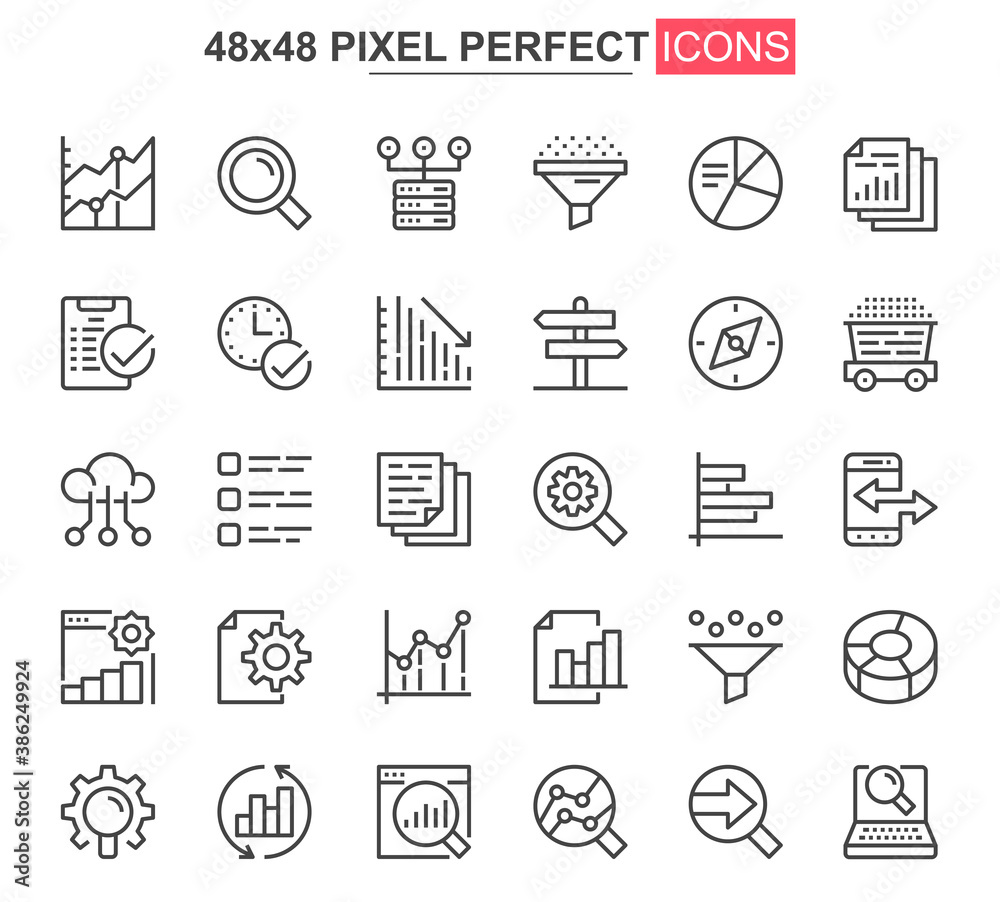 Fototapete Big data analysis thin line icon set. Data processing outline pictograms for website and mobile app GUI. Digital analytics simple UI, UX vector icons. 48x48 pixel perfect pictogram pack.
