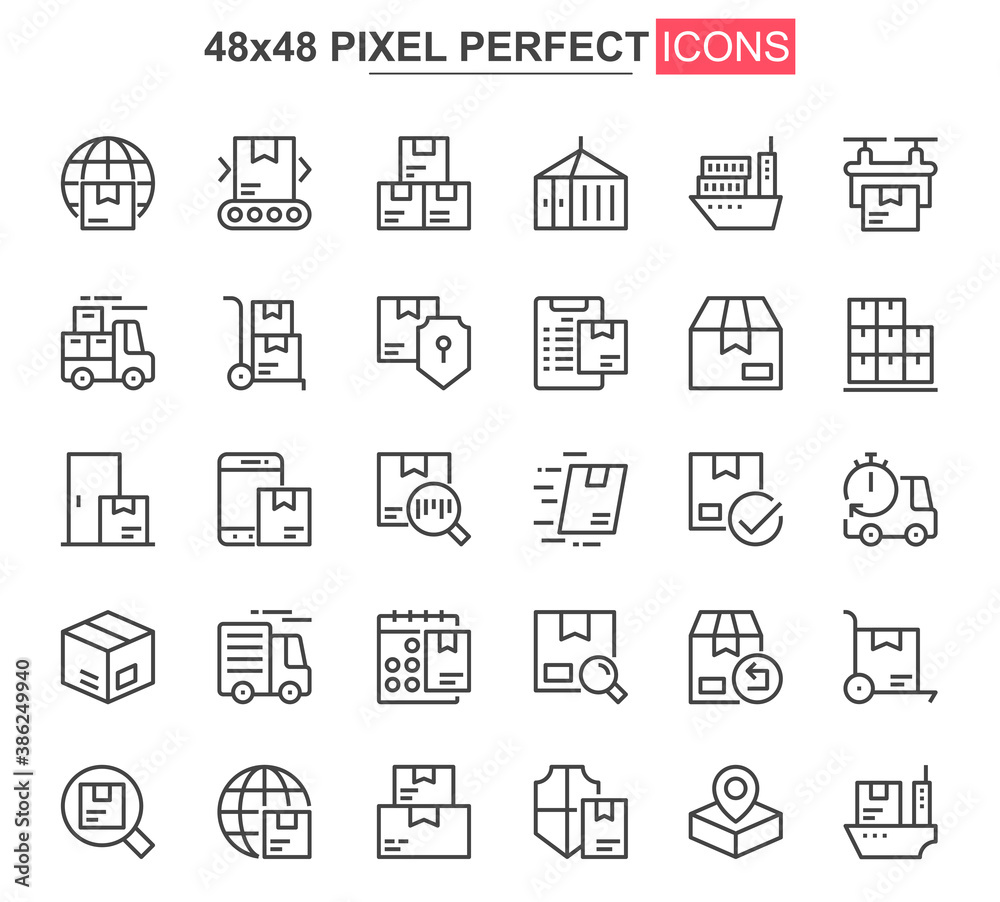 Leinwandbilder Delivery service thin line icon set. Logistics and shipping outline pictograms for website and mobile app GUI. Express delivery simple UI, UX vector icons. 48x48 pixel perfect pictogram pack.