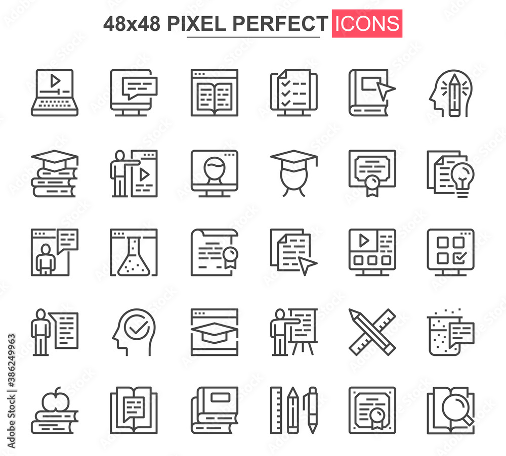 Aufkleber Online education thin line icon set. Distance learning outline pictograms for website and mobile app GUI. Online webinar, courses simple UI, UX vector icons. 48x48 pixel perfect pictogram pack.