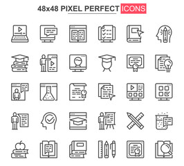 Online education thin line icon set. Distance learning outline pictograms for website and mobile app GUI. Online webinar, courses simple UI, UX vector icons. 48x48 pixel perfect pictogram pack.