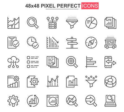 Big Data Analysis Thin Line Icon Set. Data Processing Outline Pictograms For Website And Mobile App GUI. Digital Analytics Simple UI, UX Vector Icons. 48x48 Pixel Perfect Pictogram Pack.