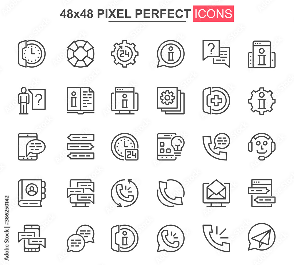 Leinwandbilder Support service thin line icon set. Customer support, hotline consultation outline pictograms for web and mobile app. Call center simple UI, UX vector icons. 48x48 pixel perfect pictogram pack.