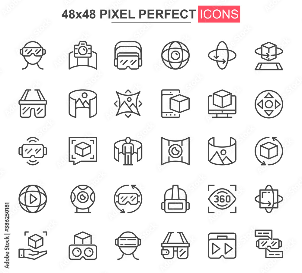 Poster virtual reality thin line icon set. 3d simulation and computer vision outline pictograms for web and