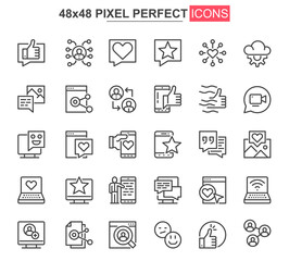 Social network thin line icon set. Online people communication outline pictograms for web and mobile app GUI. Messaging service simple UI, UX vector icons. 48x48 pixel perfect pictogram pack.
