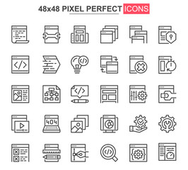 Web development thin line icon set. Application programming outline pictograms for web and mobile app GUI. Software development simple UI, UX vector icons. 48x48 pixel perfect pictogram pack.