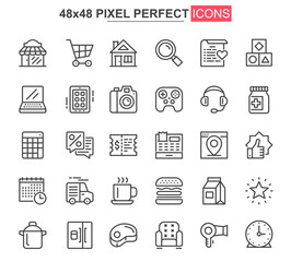 Shopping thin line icon set. Discount offer and retail sale outline pictograms for web and mobile app GUI. Supermarket shopping simple UI, UX vector icons. 48x48 pixel perfect pictogram pack.