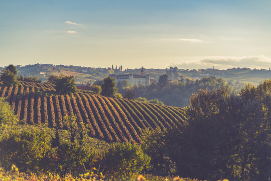 costigliole d'asti, piedmont, italy, monferrato town during fall season. barbera wine area