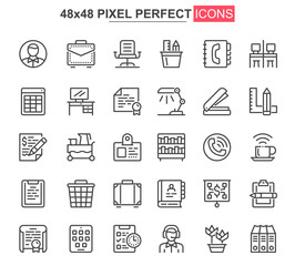 Workspace thin line icons set. Corporate workplace, coworking space unique design icons. Business workflow, corporate management outline vector bundle. 48x48 pixel perfect linear pictogram pack.