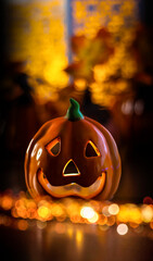 Neon glowing pumpkin head on abstract blurred bokeh background. Festive Halloween background with cobwebs and pumpkin.