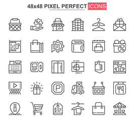 Shopping mall thin line icons set. Customer support, order and delivery service unique design icons. Online shopping platform outline vector bundle. 48x48 pixel perfect linear pictogram pack.