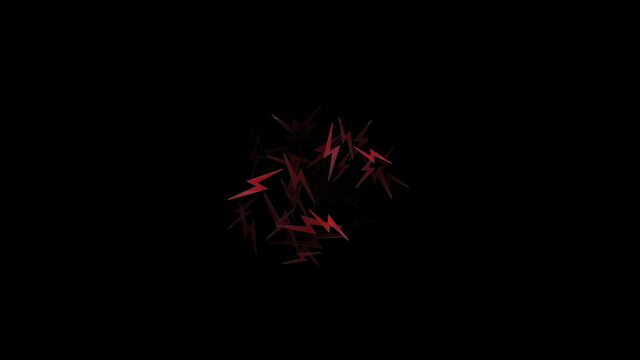 Animation of particles in shape of red lightning with several transitions and rotations in space during time sequence.