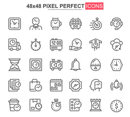 Fototapeta na wymiar Time thin line icons set. Business productivity, efficiency unique design icons. Time measuring and management, deadline and countdown outline vector bundle. 48x48 pixel perfect linear pictogram pack.