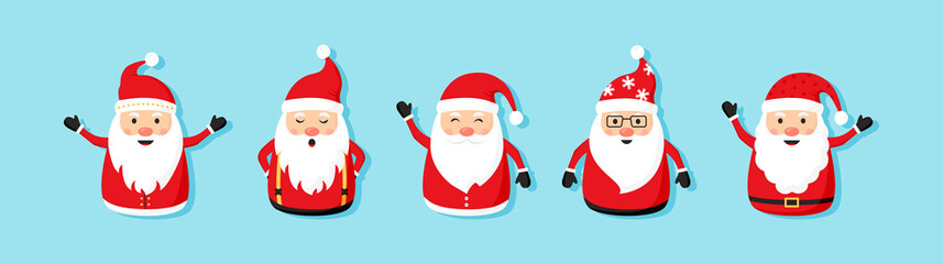 Christmas Santa Claus vector icons, cartoon character, red Santa hat, New year cute collection, holiday winter illustration on blue background