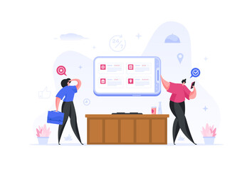 People in kitchen order food online vector illustration. Woman is checking ratings and menus web restaurants