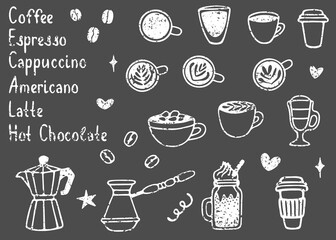 Vector coffee set with different drinks: cappuccino, espresso, latte, hot chocolate; coffee makers: cezve, moka and lettering. Hand drawn elements on chalkboard with chalk texture