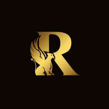 Griffin silhouette inside gold letter R. Heraldic symbol beast ancient mythology or fantasy. Creative design elements for logotype, emblem, monogram, icon or symbol for company, corporate, brand name.
