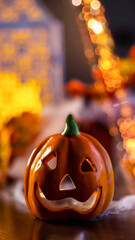 Neon glowing pumpkin head on abstract blurred bokeh background. Festive Halloween background with cobwebs and pumpkin.