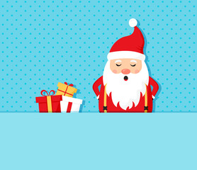 Paper Santa Claus, Christmas vector greeting card, cute cartoon character on blue polka dot background. Pile gift boxes. Winter illustration
