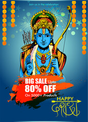 Obraz premium Greeting card with bow and illustration of Lord Rama killing Ravana in Navratri festival of India with hindi text meaning Dussehra (Hindu holiday Vijayadashami). Vector illustration.