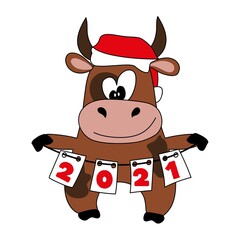Fototapeta premium A funny bull in a New Year's red Santa hat holds flags with the numbers 2021. The symbol of 2021. Year of the Ox according to the Eastern calendar. Vector illustration in doodle style.