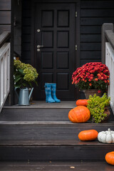 Traditional style porch, front steps decoration at Halloween, Thanksgiving season
