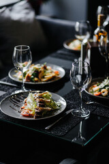 food, seafood, meal, shrimp, salad, dish, dinner, plate, cuisine, fish, delicious, fried, grilled, restaurant, chicken, gourmet, healthy, lunch, meat, vegetable, prawn, green, thai, rice, white