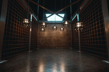 3d rendering of abstract industrial hall with rusty mesh and hanging cage lights