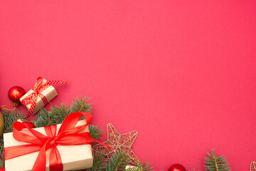Christmas decoration background. Christmas tree and holidays ornament. Copy space