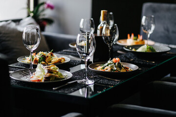 food, dinner, restaurant, salad, meal, plate, table, lunch, wine, dish, gourmet, meat, healthy, wedding, banquet, vegetables, glass, tomato, seafood, red, dining, buffet, cuisine, delicious, appetizer