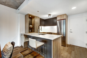 Canadian apartment staged and partially furnished in new building in Griffintown, Montreal area