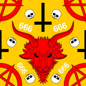 Baphomet Demon pattern seamless. Satanic background. Satan with goat head ornament. Devil symbol pentagram texture