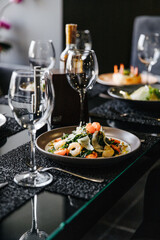 food, dinner, restaurant, salad, meal, plate, table, lunch, wine, dish, gourmet, meat, healthy, wedding, banquet, vegetables, glass, tomato, seafood, red, dining, buffet, cuisine, delicious, appetizer