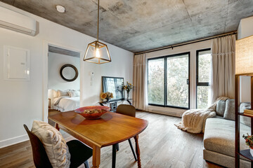 Canadian apartment staged and partially furnished in new building in Griffintown, Montreal area