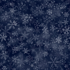 Fototapeta na wymiar Christmas seamless pattern of snowflakes of different shapes, sizes and transparency, on dark blue background
