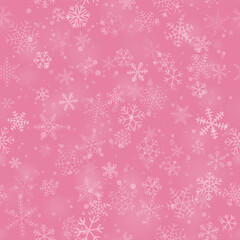 Christmas seamless pattern of snowflakes of different shapes, sizes and transparency, on pink background