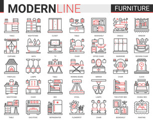 Furniture concept complex thin red black line icons vector set, outline finishing items decorate home or office room interior, linear decor symbols collection with chair lamp table bed bookshelf tv