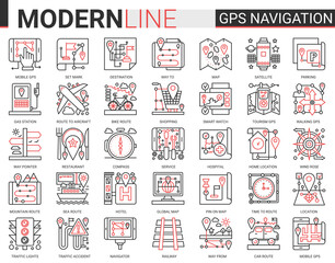 Gps navigation service complex concept line icon vector set. Red black thin linear website design collection of travel symbols for mobile navigator, map geo location of home or traveling destination