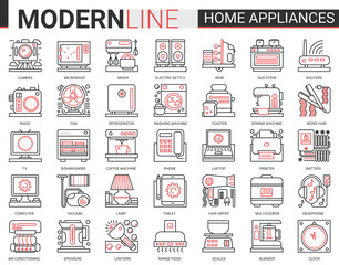 Home appliances complex concept line icon vector set. Red black thin linear symbols for house cleaning, kitchen or bathroom household items, hair body care and electronic gadgets outline collection