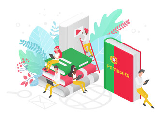 People learning Portuguese language isometric 3d illustration. Portugal Distance education, online learning courses concept. Students reading books cartoon characters. Teaching foreign languages.