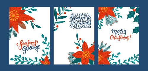 Obraz na płótnie Canvas Set of greeting cards with poinsettia flowers. Red poinsettia Christmas greens leaves and holly berries a mix of seasonal plants. All elements are editable. Vector flat illustration