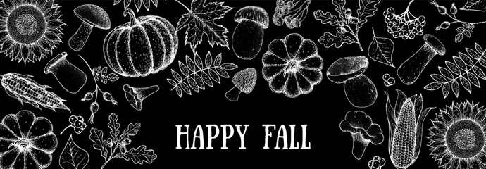 Hello autumn illustration. Autumn harvest. Hand drawn frame with fall leaves, pumpkins, mushrooms, sunflower. Vector illustration. Thanksgiving design template. Sketch design.