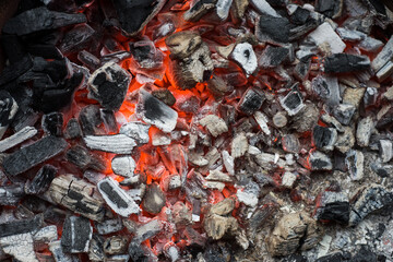 Closeup of red embers in a barbecue