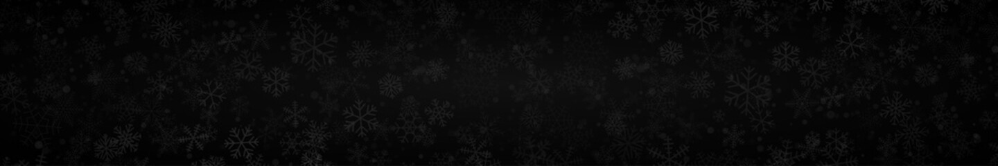 Fototapeta na wymiar Christmas banner of snowflakes of different shapes, sizes and transparency on black background